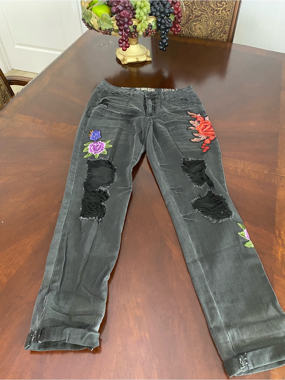 Karma Black Distressed Jeans with Red & Purple Floral Embroidery - Picture 8 of 9